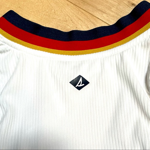 NWT Sperry Ribbed Blue Red Yellow Stripes V neck Swim/Sports CROP TOP, Medium - Picture 5 of 9